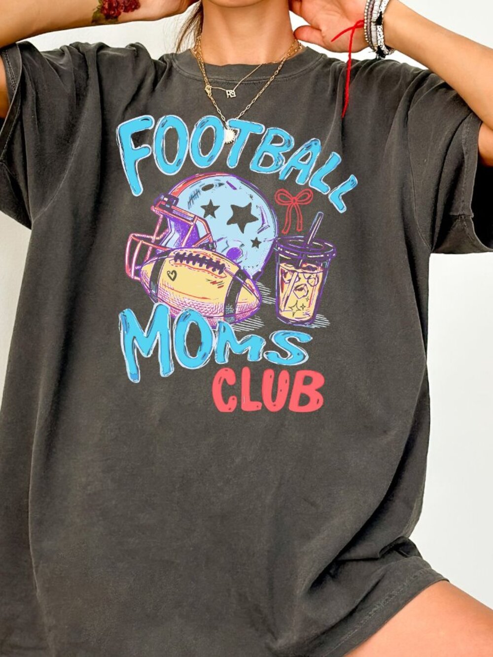 Football Moms Club T-Shirt Funny Retro Coffee Lover Graphic Tee Mom Life Shirt